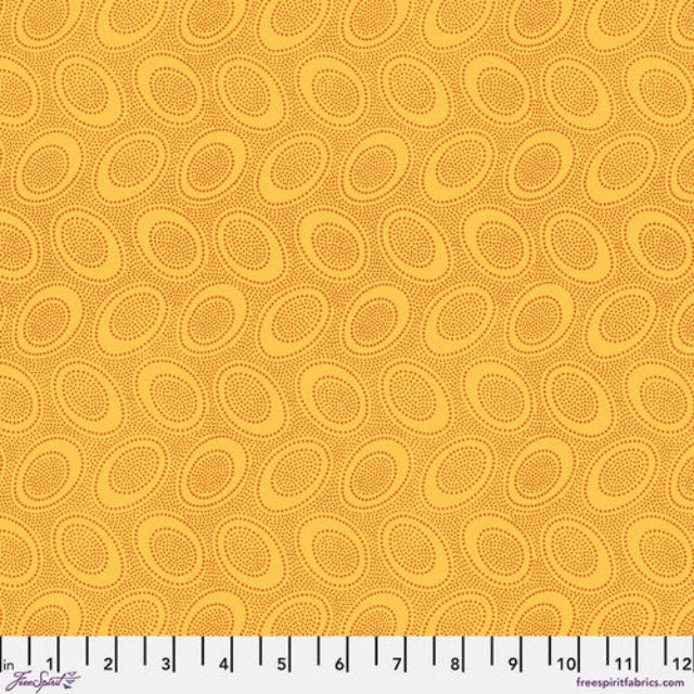 Tiny dusty orange dots arranged in ovals, on a rich egg yolk yellow background, reminiscent of Australian aboriginal art.