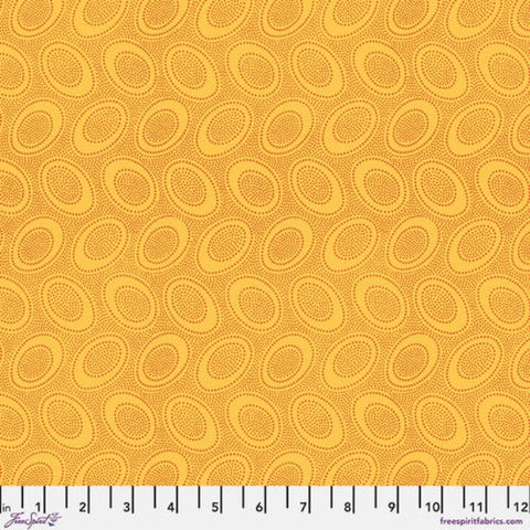Tiny dusty orange dots arranged in ovals, on a rich egg yolk yellow background, reminiscent of Australian aboriginal art. 