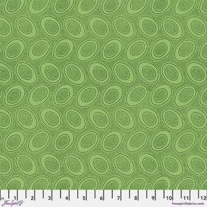 Tiny summer green dots arranged in ovals, on soft spring green background, reminiscent of Australian aboriginal art. 