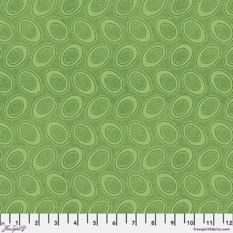 Tiny summer green dots arranged in ovals, on soft spring green background, reminiscent of Australian aboriginal art. 
