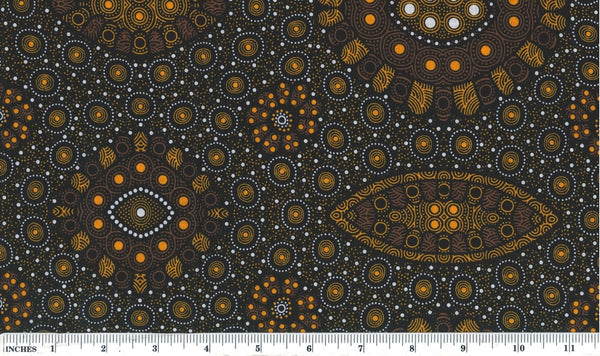 This authentic Aboriginal design captures the beauty of seed growth over multiple seasons, depicted in rich gold and orange tones on a black background.