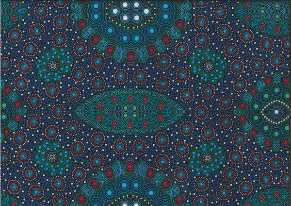 This authentic Aboriginal pattern is a stunning depiction of seed growth over multiple seasons, featuring vibrant blues and greens alongside bold red and purple highlights against a striking black backdrop.