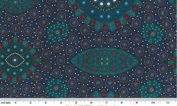 This authentic Aboriginal pattern is a stunning depiction of seed growth over multiple seasons, featuring vibrant blues and greens alongside bold red and purple highlights against a striking black backdrop.