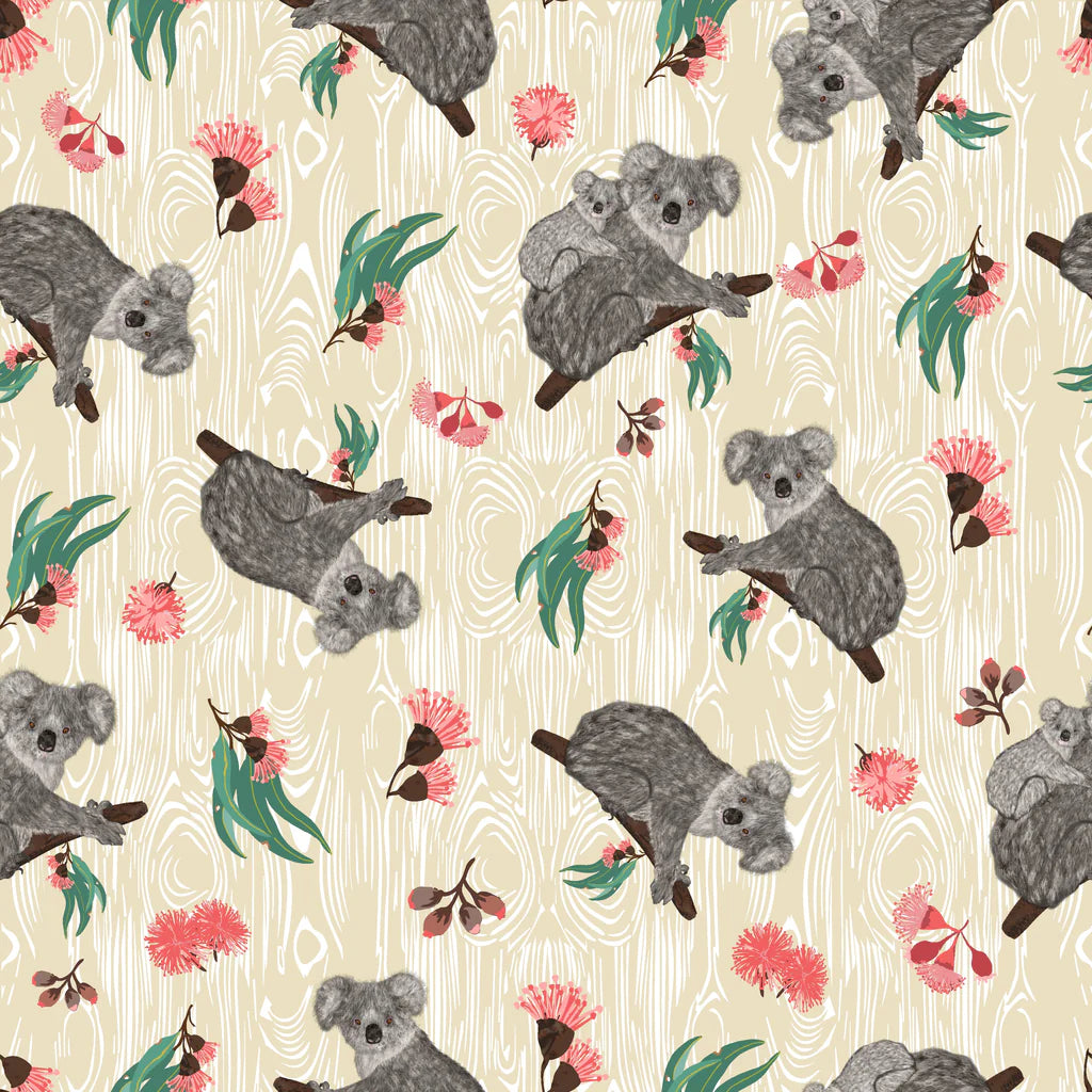 Koalas realistically depicted in dark and light grays on a cream and beige background, with accents in bush green and orange.