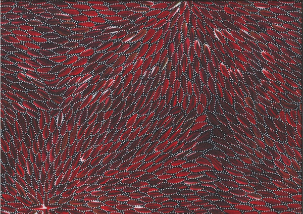 This 100% fine cotton fabric features delicate white dots arranged in leaf patterns against a rich red and burgundy background.