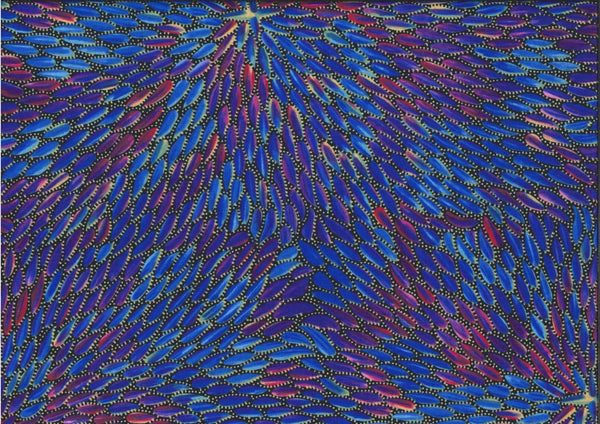 This 100% fine cotton fabric from India showcases intricate white dots arranged in leaf motifs against a breathtaking blue, purple, and magenta backdrop.