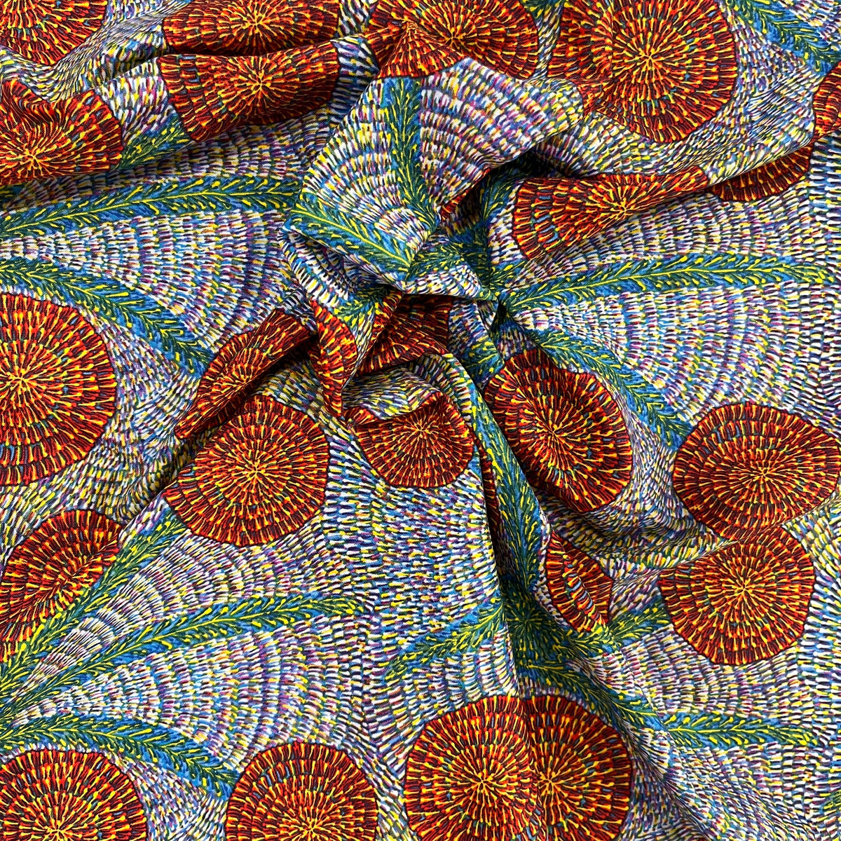 Special Buy - Bush Medicine with Long Stripes - blue- Australian Aboriginal fabric designed by Eileen Bonney