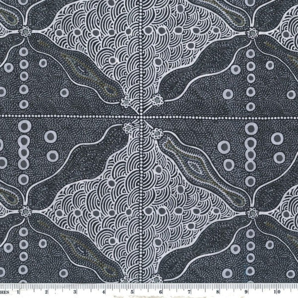 Bush Sweet Potato black Australian fabric designed by Audrey Napanangka Martin is an attractive stylized black, white and grey design that will enrich you fabric palette.