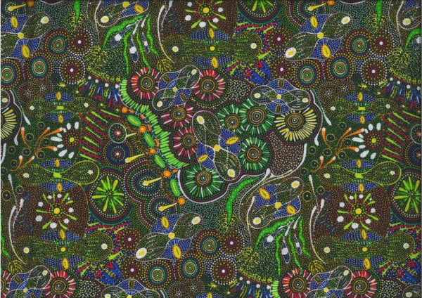 Bush Tucker after rain in NT -yellow - by Mariyne Doolan features a whimsical aboriginal design in bright yellow, verdant green, sparkling blue and reds with white on a dark background.
