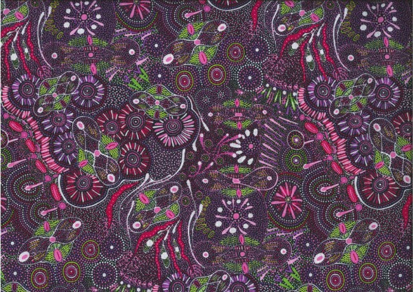 Bush Tucker after rain in NT -purple  - by Mariyne Doolan features a whimsical aboriginal design in purples, pinks, red and green with white on a dark background.