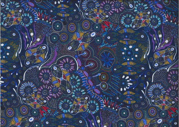 Whimsical designs in blues and purples on a navy background featuring stylized bush tucker