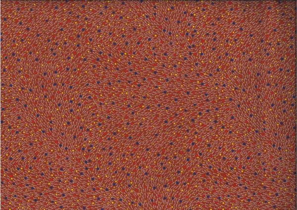 Bush Worm brown by Esmeralda Woods is a small-scale aboriginal design with little blue, yellow and red dots on a brown background, representing Bush worms and their castings, just like the title says