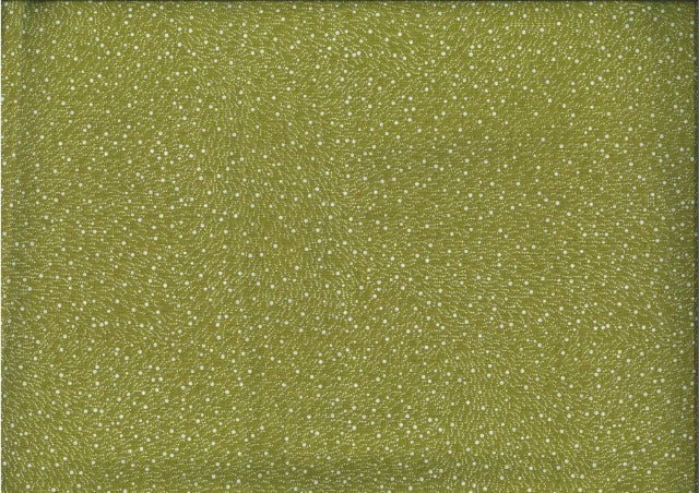 Bush Worm olive by Esmeralda Woods is a small-scale aboriginal design with little white dots on an olive background, representing Bush worms and their castings, just like the title says.