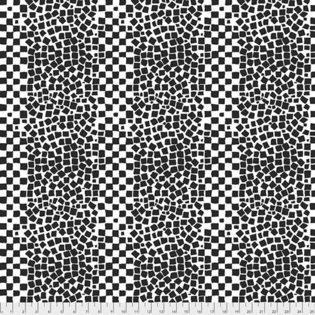 A large-ish design of black mosaic pieces on a white background. Looking at the arrangements, know that the "stripes" of black and white mosaics running parallel to the selvedge are 2.5" wide, the individual mosaic pieces in the stripes are about 0.5" square.