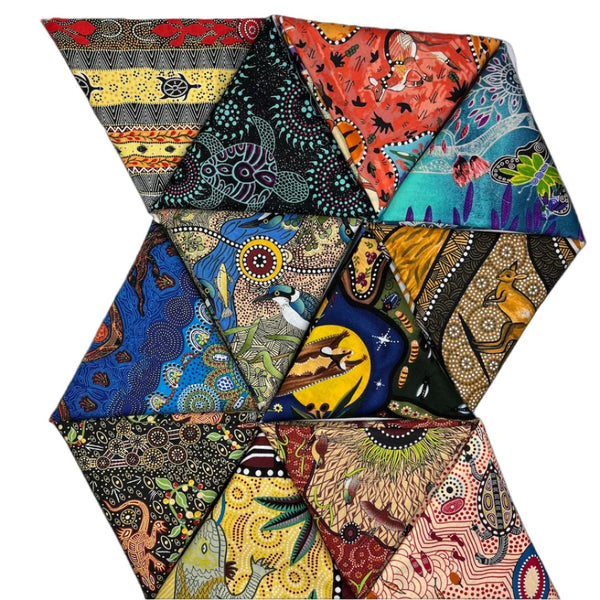 Australian Aboriginal Fabrics are designed by Aborigines artists, and they depict the Dreamtime Stories of their natural environment. Here is a lovely curated collection of 12 Fat Quarters (measuring 18"x22") showing animals: turtles and kangaroos, snakes and kingfisher, you name it.