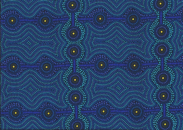Desert Landscape blue Australian fabric by aboriginal Artist Roseanne Ellis is a geometric  design in multiple shades of blue.