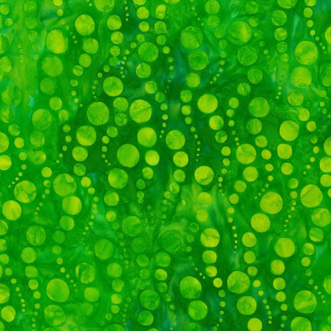 Dottie - Lime is a bubbly design in lime green on a leaf green background, featuring rising bubbles in a wavy pattern. 