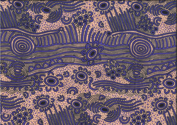 Dreaming Bush Plum Gold fabric by renowned Aboriginal artist Janet Long Nakamarra, features prominent purple indigenous designs outlined in black against a pastel rose backdrop.