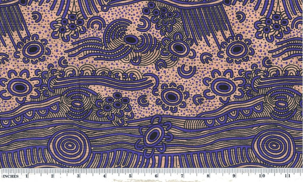 Dreaming Bush Plum Gold fabric by renowned Aboriginal artist Janet Long Nakamarra, features prominent purple indigenous designs outlined in black against a pastel rose backdrop.