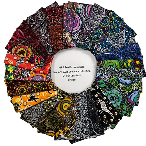 A Fat Quarter bundle comprising all of the 100 % cotton fabrics in the new M&S Textiles collection for January 2025, designed by talented Aborigine artists.