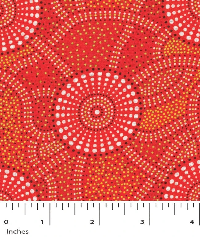Kangaroo Path 2 Rayon in coral is a dynamic design of circles in coral, white and yellow, with tiny black dots as accents.