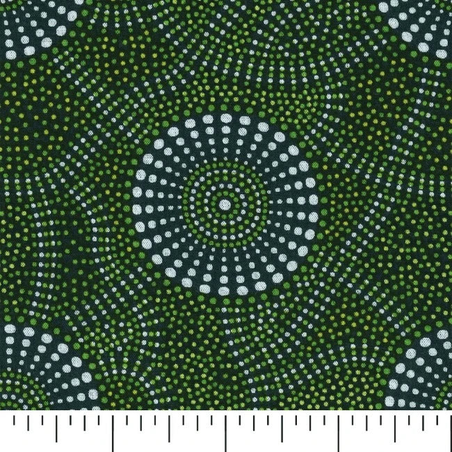 Kangaroo Path 2 Rayon in green is a dynamic design of circles in soft greens, white and yellow on a charcoal background.