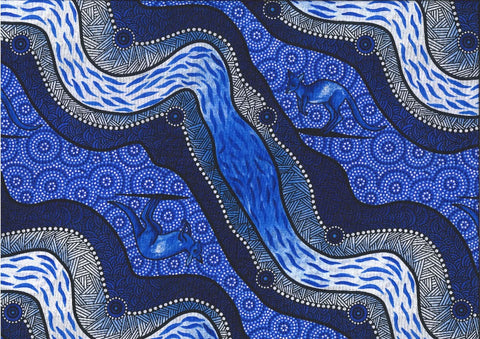 Kangaroo River Camp Ink is a flowing design of River and Kangaroos in luminescent shades of inky blues, accented by dark navy blue and whites. 