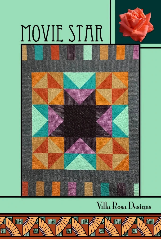 Movie Star quilt pattern uses Fat Quarters to create a very large star in the middle, surrounded by Flying Geese and Broken Dish blocks.