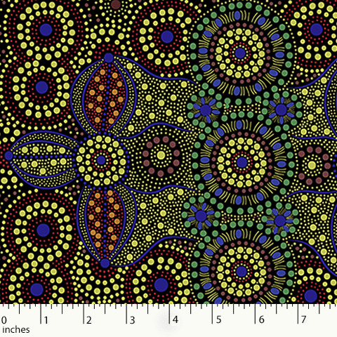 A textile design featuring an Aboriginal dot painting with geometric and natural elements in black, blue, brown, and yellow colors on a fabric background.