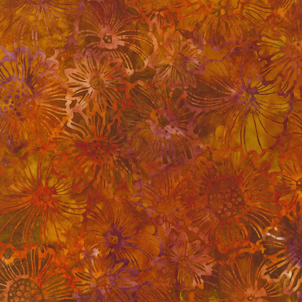 Sunshine blossoms - brown is a flowery design in rusty brown with muted orange and darker shades of siena.
