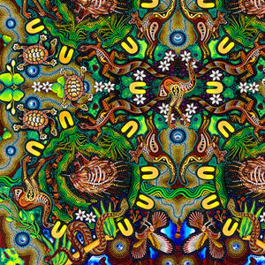 The Greedy Echidna is a colorful design in greens, tans and blues by the Aboriginal artist Chern'ee Sutton, depicting the Echidna in his camp, surrounded by lots of other animals. 