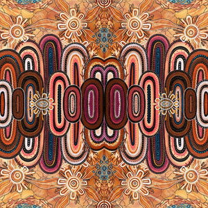 U Mountains is a design by the Aboriginal Artist Jesse Sutton, representing the mountains in his ancestral home in browns, reds and oranges with a healthy helping of sand colors.