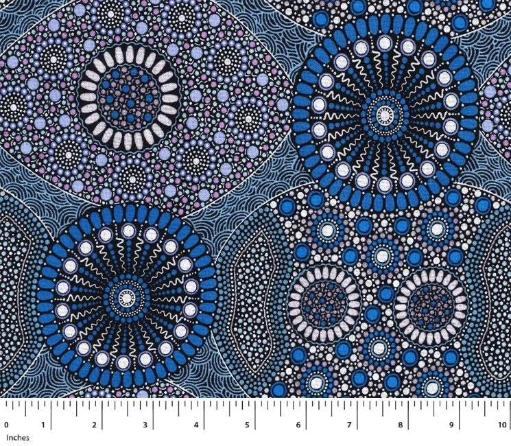 Wild Bush Banana & Tomato Rayon in blue is a soothing design of circles in soft shades of blues, lavender and lilac, with accents in white and black.