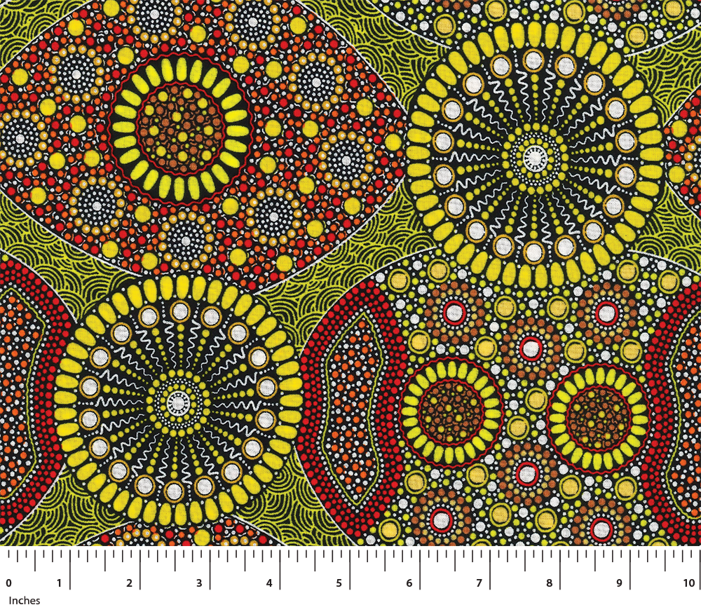 Wild Bush Banana & Tomato Rayon - yellow- Australian Aboriginal fabric designed by Marlene Doolan