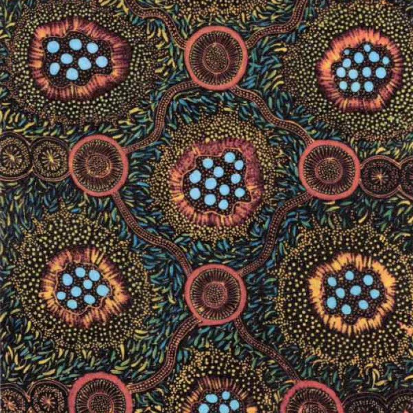 An Aboriginal design by Tanya Price featuring stylized floral motifs in yellow, aqua, burnt orange, and teal on a dark background