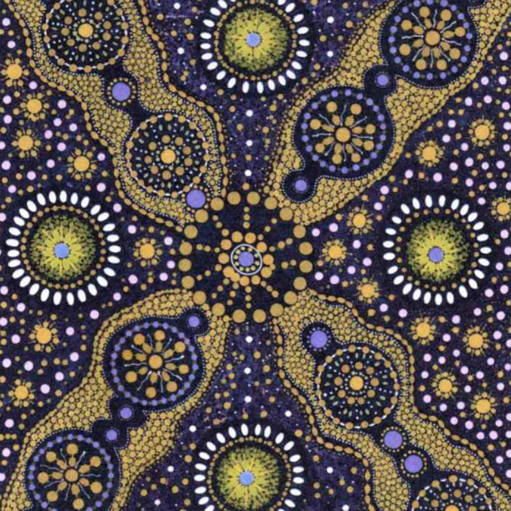 A close-up of a repeating Aboriginal dot art pattern featuring yellow-gold, purple, white, and blue circular motifs on a dark navy background.