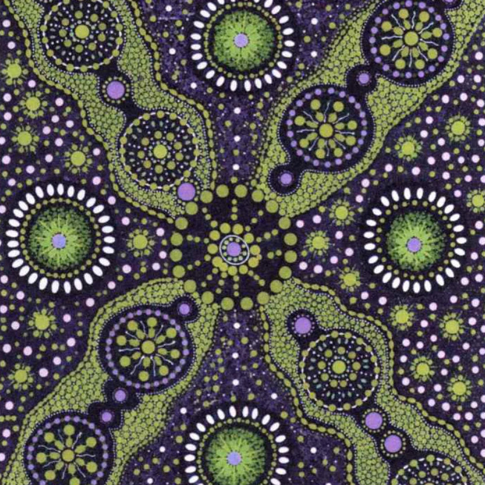 A close-up of a fabric or wallpaper pattern featuring intricate Aboriginal dot art style designs in lime green, purple, and white on a dark purple background.