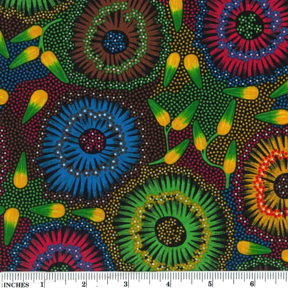 Wild Bush Banana, multi, by Lauren Daneic, is a colorful explosion of flowers in green, blue, yellow, red and brown on a multicolored background, with yellow/green fruits sprinkled in between.
