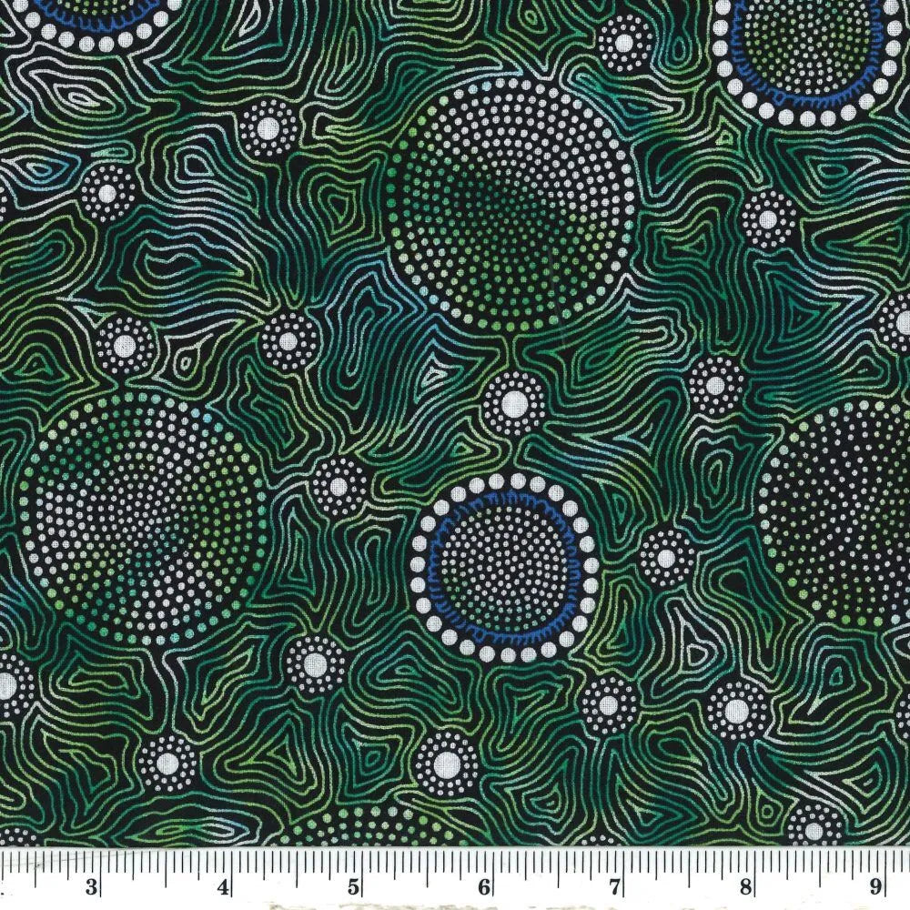 Wild Bush Flowers Dreaming, green, by Aboriginal artist Tanya Price, is a delicate line drawing of flowers in green, black and white, with a few blue accents sprinkled in.