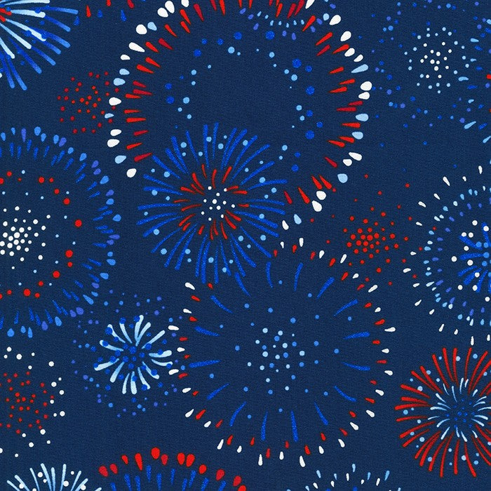 Spangled - Navy is truly a celebration of a fabric: red white and blue fireworks with sparkly blue metal accents on a navy background make it an ideal quilting fabric, but also for garments, bags or home decor.