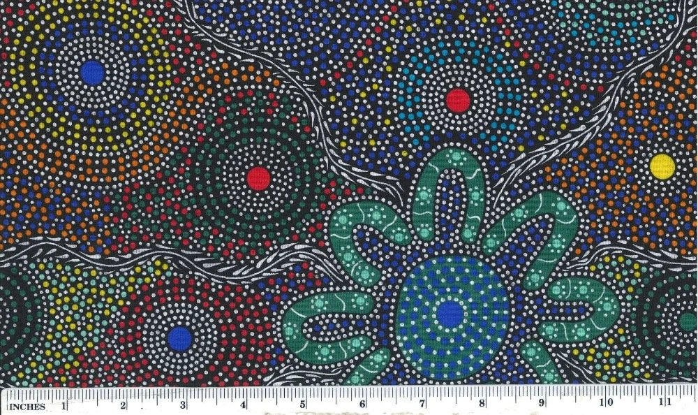 The intricate design showcases a variety of colorful dots arranged in circular patterns around dancing Women (represented by u-shapes).