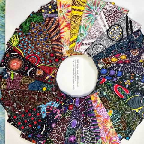 The January 2023 collection of Australian Aboriginal prints designed by a number of different artists has something for everyone: small scale, large scale. Exciting designs in brilliant colors, printed on 100 % soft hand cotton.