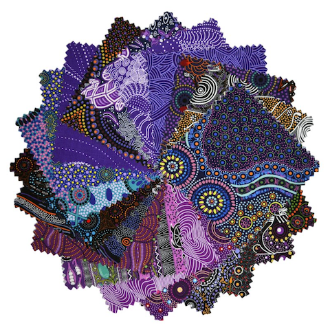 The Dreamtime 10" Square packs in purples are comprised of 20 different prints of Australian Aboriginal fabric, 2 squares of each print for a total of 40 squares.