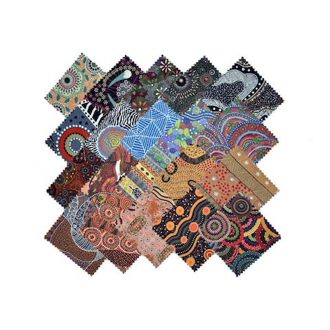 The Dreamtime 5" Square packs in many colors are comprised of 20 different prints of Australian Aboriginal fabric, 2 squares of each print for a total of 40 squares.