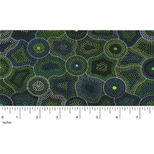 Akuna is the aboriginal word for Flowing Water, and Agnes perfectly depicted the waterholes (dots) and snakes that guard the water (lines) in many shades of green on this Australian Aboriginal fabric.