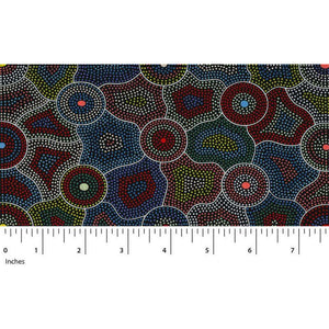 Akuna is the aboriginal word for Flowing Water, and Agnes perfectly depicted the waterholes (dots) and snakes that guard the water (lines) in many shades of red on this Australian Aboriginal fabric.