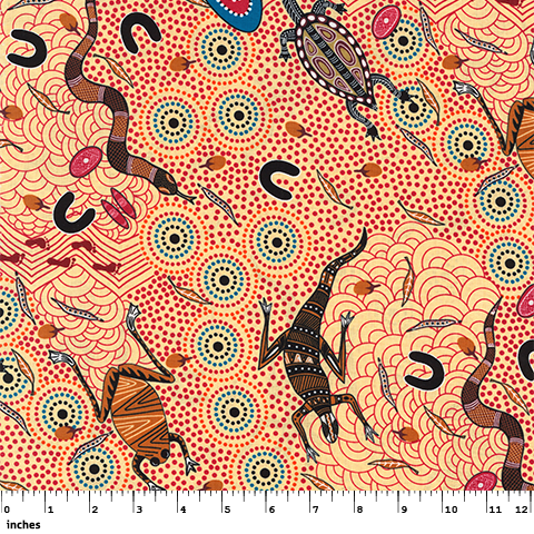 Around Waterhole Ecru Australian Aboriginal Fabric by Nambooka depicts the goings on around a waterhole on a hot summer day: snakes, goannas, turtles, frogs and people are all seen wandering around