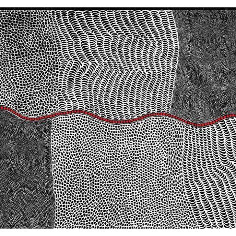 Bush Onion Dreaming Black Australian Aboriginal fabric is an attractively patterned 100 % cotton fabric in black and white with a small red stripe running through it.