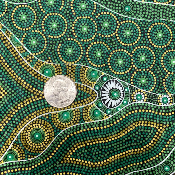 Bush Tomato and Waterhole green Australian Aboriginal fabric by Cindy Wallace
