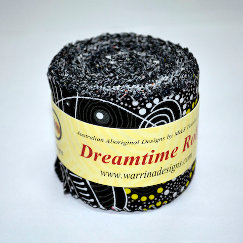 The Dreamtime Rolls of 20 black Australian Aboriginal Fabric strips (2.5" wide) are composed of 10 different prints, two strips of each.